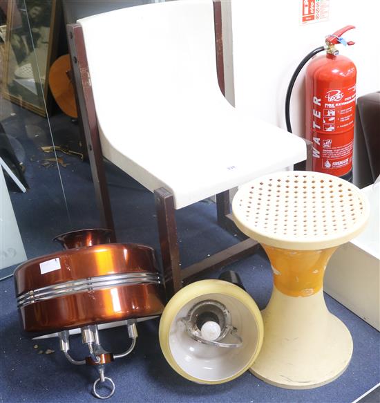 A 1960s wood and plastic chair and two 1960s ceiling lamps and a stool